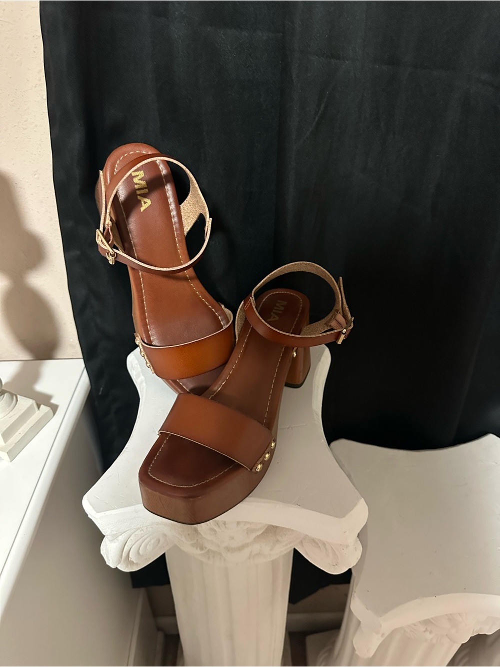 MIA Brown Leather Platform Sandal with Ankle Strap